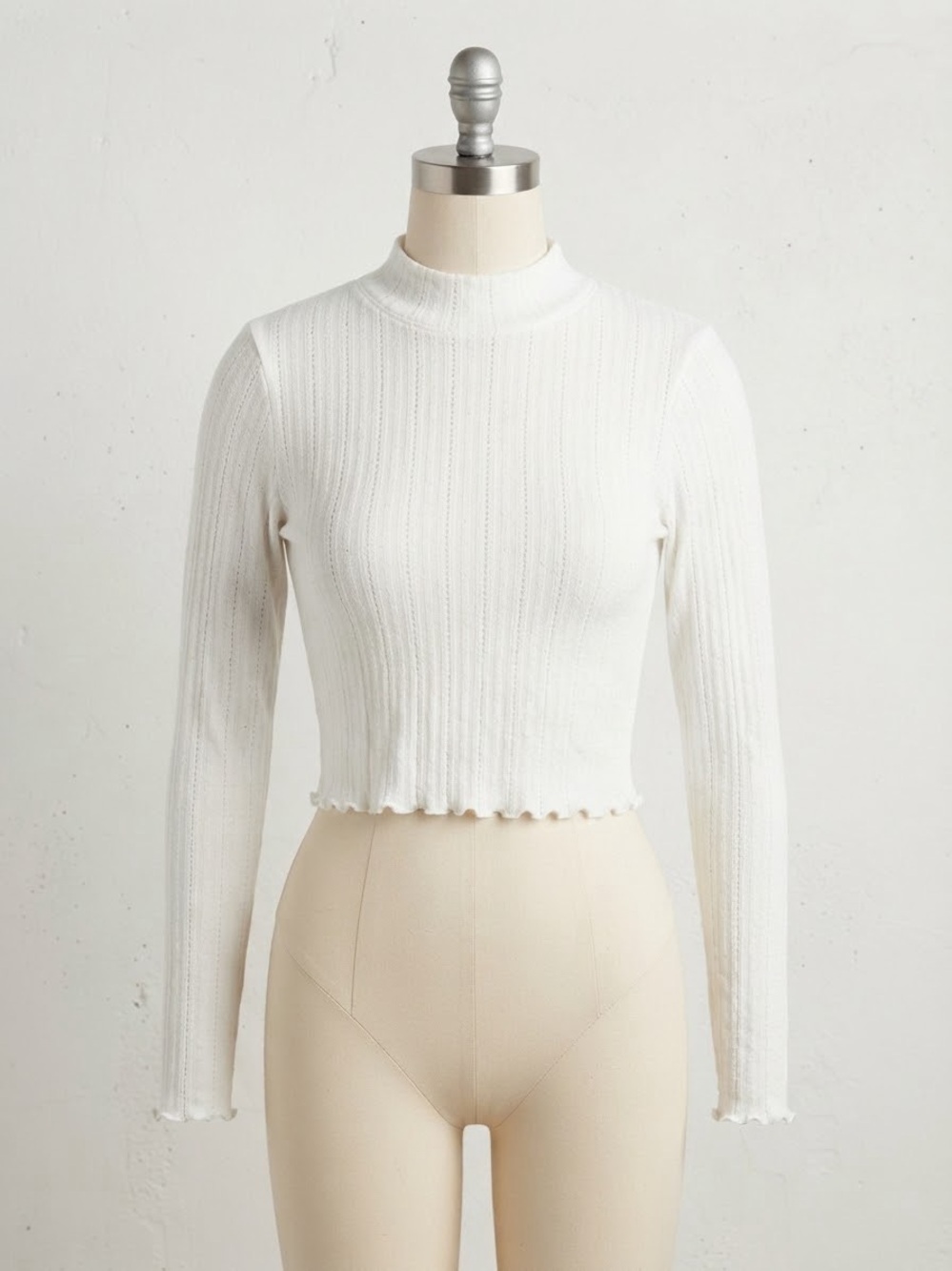 Cropped White Ribbed Mock Neck Long Sleeve Top